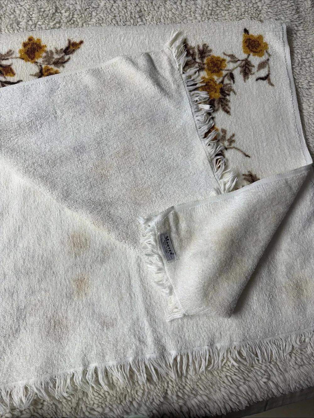 Martex Vtg All Cotton White yellow green Fringed Bath Towel made USA